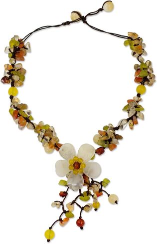 NOVICA Artisan Handmade Quartz Carnelian Flower Necklace Fair Trade Floral Beaded Serpentine Multigem Multicolor Pendant Thailand Birthstone [necklace 15.25 in min L x 16.5 in max L x 0.8 in W Penda] in Saudi Arabia