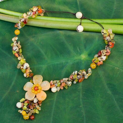 NOVICA Artisan Handmade Quartz Carnelian Flower Necklace Fair Trade Floral Beaded Serpentine Multigem Multicolor Pendant Thailand Birthstone [necklace 15.25 in min L x 16.5 in max L x 0.8 in W Penda] in Saudi Arabia