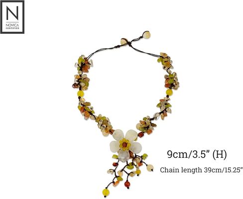 NOVICA Artisan Handmade Quartz Carnelian Flower Necklace Fair Trade Floral Beaded Serpentine Multigem Multicolor Pendant Thailand Birthstone [necklace 15.25 in min L x 16.5 in max L x 0.8 in W Penda] in Saudi Arabia