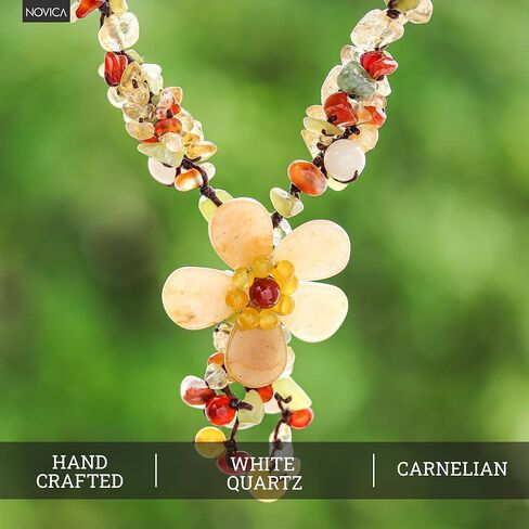NOVICA Artisan Handmade Quartz Carnelian Flower Necklace Fair Trade Floral Beaded Serpentine Multigem Multicolor Pendant Thailand Birthstone [necklace 15.25 in min L x 16.5 in max L x 0.8 in W Penda] in Saudi Arabia