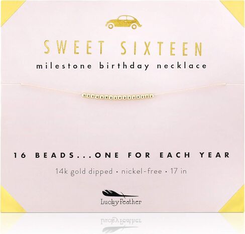 Lucky Feather Sweet 16 Milestone 14K Gold Dipped Beads Necklace on 17" Cord - Perfect 16th Birthday Gift Ideas in Saudi Arabia