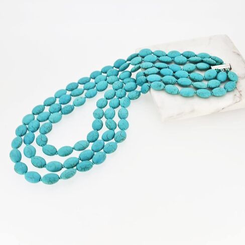Handmade Blue Turquoise Beaded Necklace for Women - Artisan Jewelry Triple Strand Blue Turquoise Gemstone Beaded Necklace in Saudi Arabia