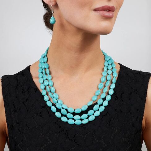 Handmade Blue Turquoise Beaded Necklace for Women - Artisan Jewelry Triple Strand Blue Turquoise Gemstone Beaded Necklace in Saudi Arabia
