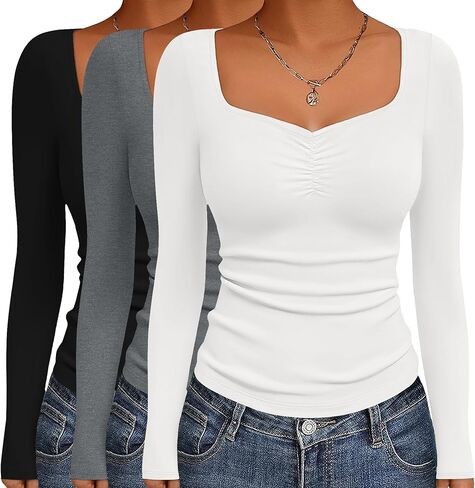 Ekouaer 3 Packs Womens Long Sleeve Tops Sweetheart Neck Fitted Shirts Basic Layering Tee Soft Undershirts Fall Outfits Black/Light Gray/White (3pcs) M in Saudi Arabia
