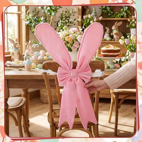 Zeyune 6 Pcs Easter Bunny Chair Covers Set Rabbit Ears Chair Back Covers with Bow Pink Bunny Removable Stretch Slipcovers for Home Easter Spring Dinning Table Holiday Birthday Party Decor in Saudi Arabia