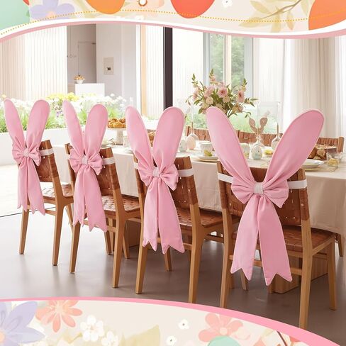 Zeyune 6 Pcs Easter Bunny Chair Covers Set Rabbit Ears Chair Back Covers with Bow Pink Bunny Removable Stretch Slipcovers for Home Easter Spring Dinning Table Holiday Birthday Party Decor in Saudi Arabia