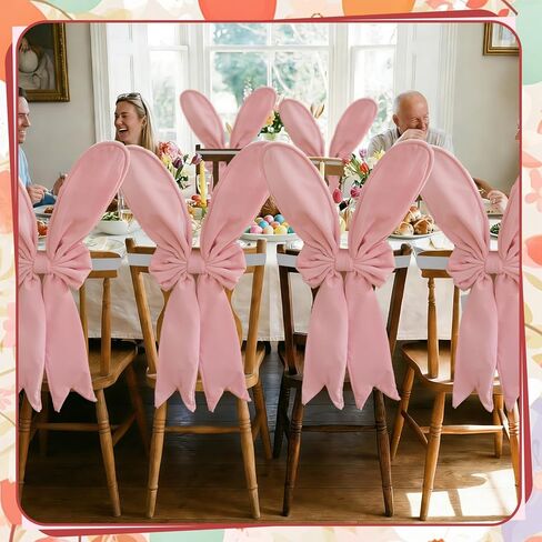 Zeyune 6 Pcs Easter Bunny Chair Covers Set Rabbit Ears Chair Back Covers with Bow Pink Bunny Removable Stretch Slipcovers for Home Easter Spring Dinning Table Holiday Birthday Party Decor in Saudi Arabia