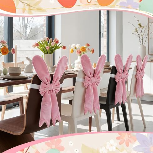Zeyune 6 Pcs Easter Bunny Chair Covers Set Rabbit Ears Chair Back Covers with Bow Pink Bunny Removable Stretch Slipcovers for Home Easter Spring Dinning Table Holiday Birthday Party Decor in Saudi Arabia