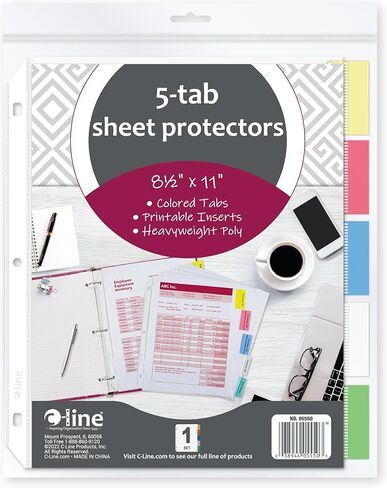 C-Line Polypropylene Sheet Protector with Index Tabs, Assorted Color Tabs, 11 x 8.5 Inches, One 5-Tab Set (05550) in Saudi Arabia