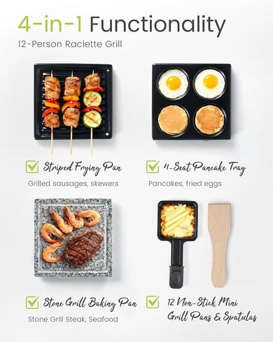 Raclette Table Grill - Indoor Electric Grill Griddle - Nonstick Extra Large Reversible 4-In-1 Outdoor Dishwasher Safe with Cheese 12 Paddles 12 Spatulas for 12 Person, FD-12 in Kuwait