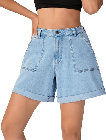 roswear Women's Jean Shorts Stretch Baggy with Cuffed Hem Large Pockets in Saudi Arabia