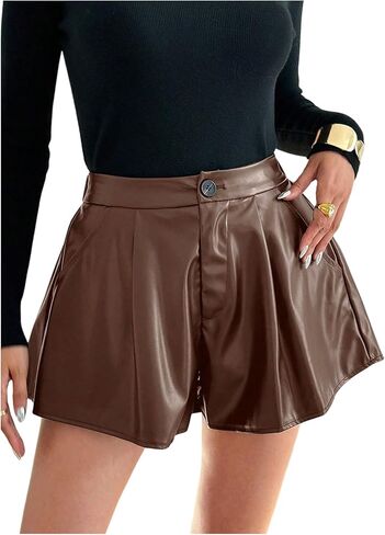 OYOANGLE Women's Pleated Leather Shorts Zipper Fly Wide Leg Casual Shorts with Pockets in Saudi Arabia