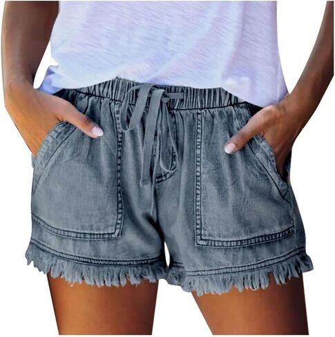 Jean Shorts for Women Summer Stretchy Casual Loose Beach Jeans Baggy Drawstring Tassel Denim Shorts with Pockets in Saudi Arabia