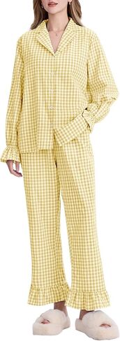 Kissonic Women Gingham Pajama Sets Cotton Long Sleeve Button Down Shirt and Pants Y2K Pjs Lounge Set Sleepwear in Saudi Arabia