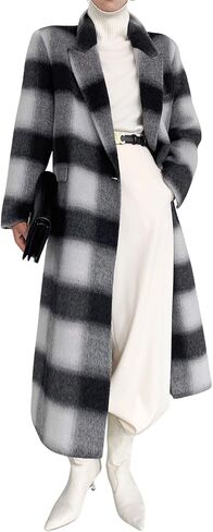chouyatou Women's Elegant Plaid Wool Long Pea Coat Double Breasted Lapel Blazer Trench Coat Overcoat with Pockets in Saudi Arabia
