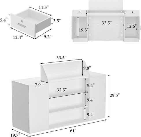 مكتب استقبال AIEGLE مقاس 61 بوصة مزود بمصابيح LED وأدراج قابلة للقفل، وعداد فحص مع خزانة وأرفف عرض، ومكتب استقبال أمامي أبيض حديث مع صينية لوحة مفاتيح للردهات والصالونات والبيع بالتجزئة in Kuwait