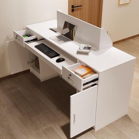 مكتب استقبال AIEGLE مقاس 61 بوصة مزود بمصابيح LED وأدراج قابلة للقفل، وعداد فحص مع خزانة وأرفف عرض، ومكتب استقبال أمامي أبيض حديث مع صينية لوحة مفاتيح للردهات والصالونات والبيع بالتجزئة in Kuwait