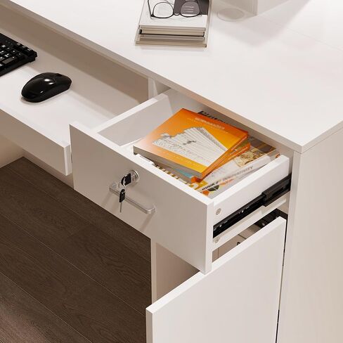 مكتب استقبال AIEGLE مقاس 61 بوصة مزود بمصابيح LED وأدراج قابلة للقفل، وعداد فحص مع خزانة وأرفف عرض، ومكتب استقبال أمامي أبيض حديث مع صينية لوحة مفاتيح للردهات والصالونات والبيع بالتجزئة in Kuwait