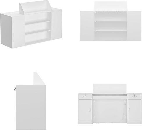 مكتب استقبال AIEGLE مقاس 61 بوصة مزود بمصابيح LED وأدراج قابلة للقفل، وعداد فحص مع خزانة وأرفف عرض، ومكتب استقبال أمامي أبيض حديث مع صينية لوحة مفاتيح للردهات والصالونات والبيع بالتجزئة in Kuwait