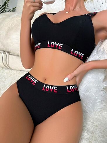 Women's 2 Piece Lingerie Set Love Letter Print Bra and Panty Set Underwear for Women in Saudi Arabia