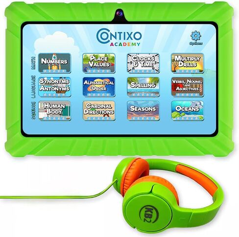Contixo Kids Tablet Bundle V8, 7-inch HD, Ages 3-7 Toddler Learning Tablet with Camera, WiFi, Parental Control & Kid Safe Bluetooth On The Ear Headphones Bundle Purple, Perfect for Back to School in Kuwait