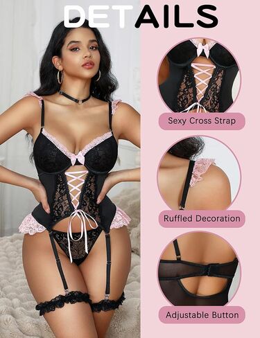 Sexy Lingerie for Women Lace Corset Underwire Bodysuit Teddy with Panty Garter Lingerie Sets Rave Outfits in Kuwait