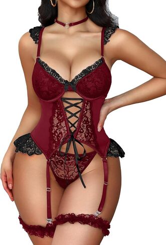 ملابس داخلية مثيرة للنساء من الدانتيل مشد Underwire ارتداءها تيدي مع اللباس الداخلي الرباط الملابس الداخلية مجموعات ملابس الهذيان in Kuwait