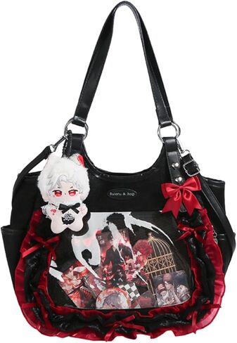 Y2k JK Ita Bag لطيف ربطة القوس فيونكة حقيبة يد من الدانتيل نافذة شفافة حقيبة عرض أنيمي مع فيونكة دانتيل in Saudi Arabia