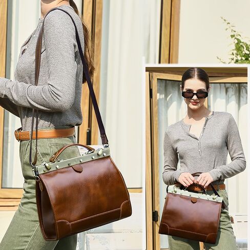 CONTACTS Full Grain Leather Doctor Bag Purse for Women Top Handle Handbag Vintage Satchel Shoulder Bag Tote Bag with Metal Clasp Frame in Saudi Arabia