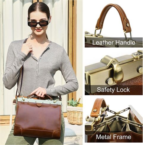 CONTACTS Full Grain Leather Doctor Bag Purse for Women Top Handle Handbag Vintage Satchel Shoulder Bag Tote Bag with Metal Clasp Frame in Saudi Arabia