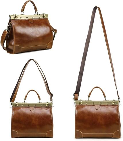 CONTACTS Full Grain Leather Doctor Bag Purse for Women Top Handle Handbag Vintage Satchel Shoulder Bag Tote Bag with Metal Clasp Frame in Saudi Arabia