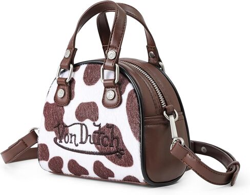 Von Dutch Mini Bowling Bag Cow Print | 6.8" Vegan Leather Crossbody with Logo Hardware, Top Handles & Zipper Pouch in Saudi Arabia
