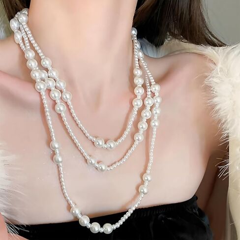 JNF 1920s Pearl Necklace for Women Long Chunky Big Pearl Strands Flapper Beaded Necklaces Imitation Faux Pearls Gatsby Vintage Costume Jewelry 80'' Long in Saudi Arabia