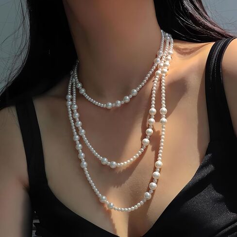 JNF 1920s Pearl Necklace for Women Long Chunky Big Pearl Strands Flapper Beaded Necklaces Imitation Faux Pearls Gatsby Vintage Costume Jewelry 80'' Long in Saudi Arabia