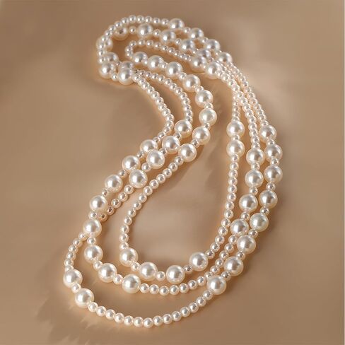 JNF 1920s Pearl Necklace for Women Long Chunky Big Pearl Strands Flapper Beaded Necklaces Imitation Faux Pearls Gatsby Vintage Costume Jewelry 80'' Long in Saudi Arabia