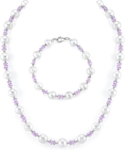 8mm White Freshwater Cultured Pearl & Amethyst Necklace & Bracelet in Saudi Arabia