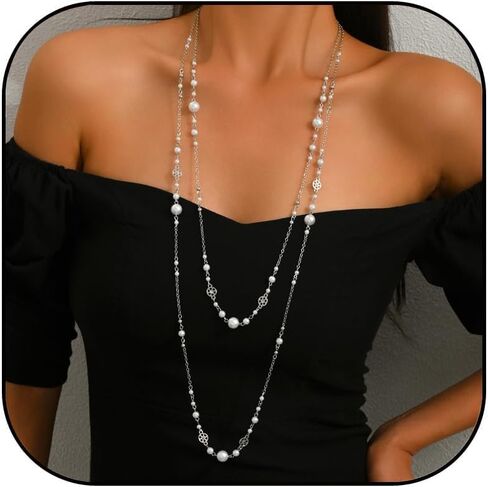 Long Pearl Necklaces for Women Trendy Layered Pearl Statement Necklace Dainty Long Chain Necklace Sweater Strand Chain Jewelry Gift in Saudi Arabia