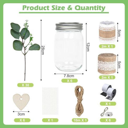 Cinrobiye 6 Sets Mason Jar Table Centerpiece with Eucalyptus Lace Sleeve Hemp Rope Rustic Mason Jar Vases Reception for Engagement Party Bridal Baby Shower Centerpieces Wedding Table Decor (Lace) in Kuwait