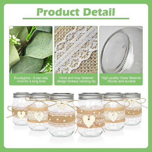Cinrobiye 6 Sets Mason Jar Table Centerpiece with Eucalyptus Lace Sleeve Hemp Rope Rustic Mason Jar Vases Reception for Engagement Party Bridal Baby Shower Centerpieces Wedding Table Decor (Lace) in Kuwait