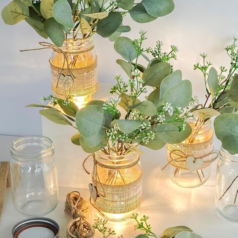 Cinrobiye 6 Sets Mason Jar Table Centerpiece with Eucalyptus Lace Sleeve Hemp Rope Rustic Mason Jar Vases Reception for Engagement Party Bridal Baby Shower Centerpieces Wedding Table Decor (Lace) in Kuwait