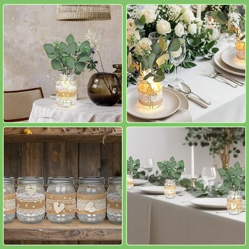 Cinrobiye 6 Sets Mason Jar Table Centerpiece with Eucalyptus Lace Sleeve Hemp Rope Rustic Mason Jar Vases Reception for Engagement Party Bridal Baby Shower Centerpieces Wedding Table Decor (Lace) in Kuwait