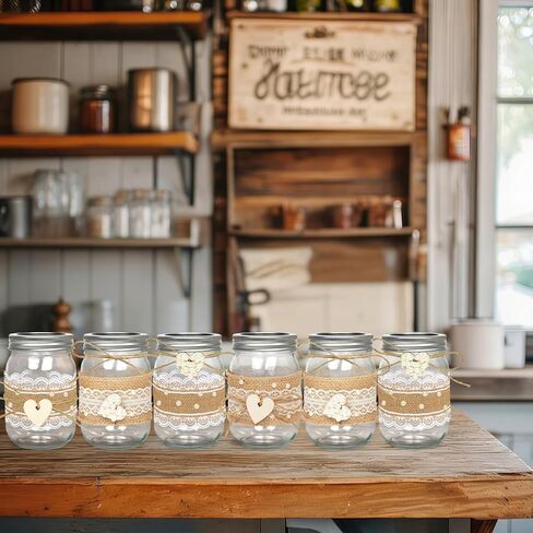 Cinrobiye 6 Sets Mason Jar Table Centerpiece with Eucalyptus Lace Sleeve Hemp Rope Rustic Mason Jar Vases Reception for Engagement Party Bridal Baby Shower Centerpieces Wedding Table Decor (Lace) in Kuwait
