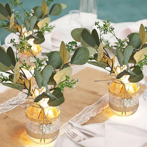 Cinrobiye 6 Sets Mason Jar Table Centerpiece with Eucalyptus Lace Sleeve Hemp Rope Rustic Mason Jar Vases Reception for Engagement Party Bridal Baby Shower Centerpieces Wedding Table Decor (Lace) in Kuwait