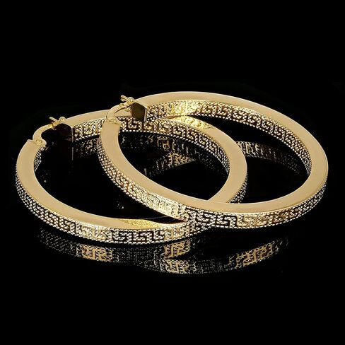 Italian 14k Yellow Gold Greek Key Hollow Hoop Earrings 1.2" 3mm 3.2 grams in Saudi Arabia