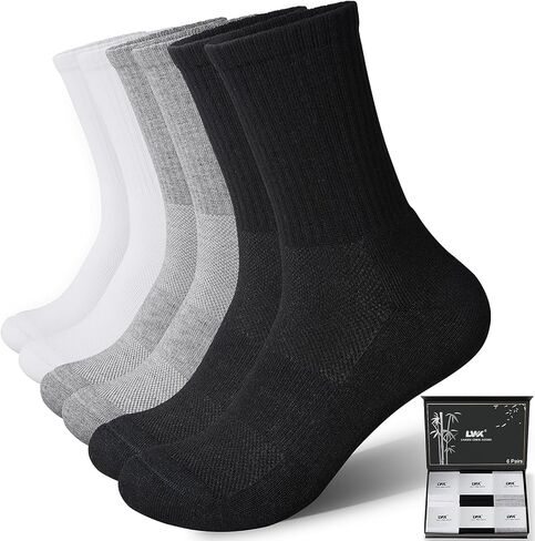 LWK Men's Bamboo Athletic Crew Socks - Long Socks for Men, Moisture Wicking Breathable Running Socks, 6 Pack Gift Box in Saudi Arabia