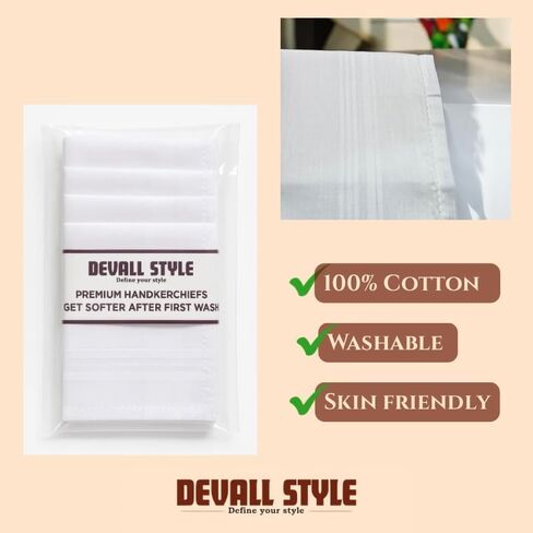 Premium Men’s White Handkerchiefs – 65% Polyester, 35% Cotton Blend hankies for mens – Durable, Soft, and Absorbent hankerchief machine wash (Permanent Press) in Saudi Arabia