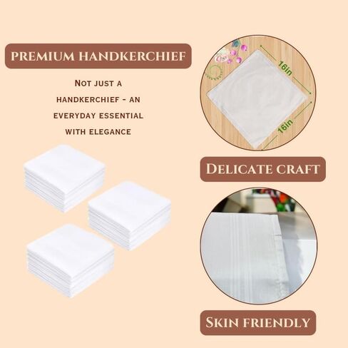 Premium Men’s White Handkerchiefs – 65% Polyester, 35% Cotton Blend hankies for mens – Durable, Soft, and Absorbent hankerchief machine wash (Permanent Press) in Saudi Arabia