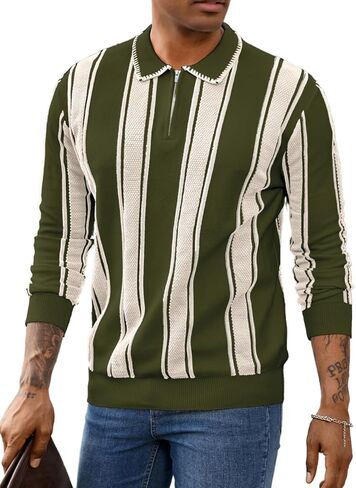 Men's Slim Fit Lapel Quarter-Zip Polo, Striped Lightweight Knit Pullover for Casual Wear in Saudi Arabia