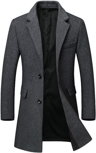 Sexyshine Men's Single Breasted Wool Blend Coat Casual Notched Lapel Mid-Length Trench Coat Business Work Overcoat in Saudi Arabia