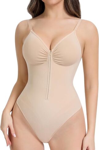 Slimers Thong Bodysuits Shapewear For Women：Zip Up Body Suit V Neck - Wireless Body Shaper With No Padding Going Out in Kuwait